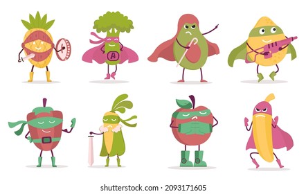 Set of fruit and vegetable with various hero costume and activity in cartoon character,  graphic design for mascot, banner leaflet or sticker, vector illustration