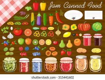 Set Of Fruit And Vegetables For Jam And Canned Food. Label. Vector Illustration