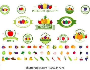 Set of fruit and vegetables logo for groceries,  agriculture and farm market, packaging and advertising. Fruits design elements