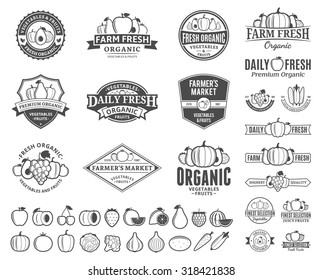 Set of fruit and vegetables logo templates for groceries, agriculture stores, packaging and advertising