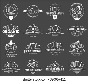 Set of fruit and vegetables logo templates for groceries, agriculture stores, packaging and advertising.