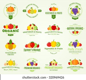 Set of fruit and vegetables logo templates for groceries, agriculture stores, packaging and advertising.