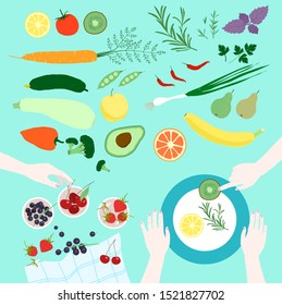 set of fruit and vegetables on a blue background