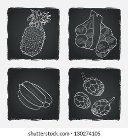 Set of fruit and vegetables on chalkboard background. Vector illustration.