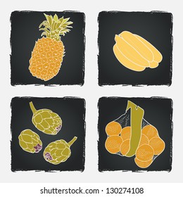 Set of fruit and vegetables on chalkboard background. Vector illustration.