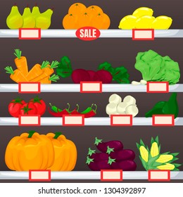 Set of fruit and vegetables on supermarket shelves. Cartoon vector product illustration