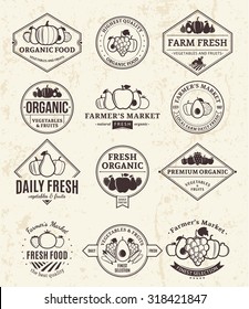 Set of fruit and vegetables retro styled logo for groceries, agriculture stores, packaging and advertising.