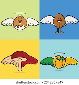Set of fruit and vegetables with wings vector illustration. donut, coconut, mushroom and Bell pepper icon design.