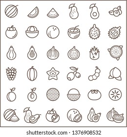 Set of fruit and vegetarian food Icons line style. 
Contains such Icons as fig, papaya, coconut, mangosteen, avocado, peach, watermelon, lychee And Other Elements. 
