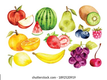 conjunto de frutos en la ilustración vectorial de estilo acuarela