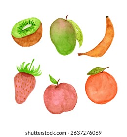 set of fruit in watercolor style vector illustration.  Hand drawn fresh food design elements isolated on white background.
