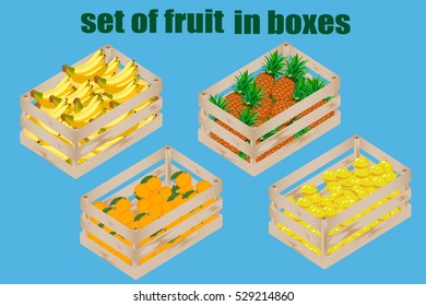 set of fruit in wooden boxes with oranges, lemons, bananas, pineapples