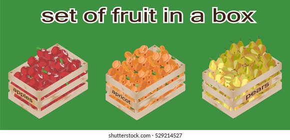 set of fruit in wooden boxes with pears, apples and oranges