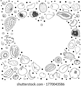 Set with fruit.Melons, kiwi, grapes, pomegranates, currants on a black background. Doodle style. Apples, pears, cherries, apricots, watermelons.  Vector isolated illustration with tropical fruits.   