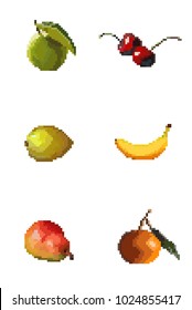 Set of fruits, 8 bit, 16 bit, pixel art, apple, cherry, lemon, banana, pear, mandarin