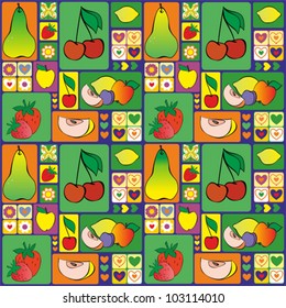 Set of Fruits (Apple, Apricot, Cherry, Lemon, Peach, Pear, Plum, Strawberry) in Rectangles on Blue Background