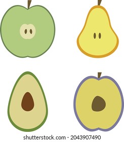 set of fruits apple avocado pear plum