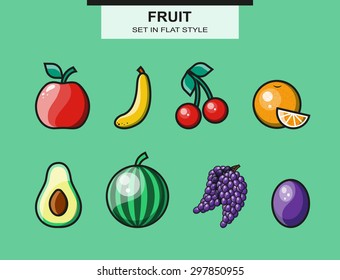 Set of fruits apple, banana , cherry, pear, watermelon, grape, plum, orange, 