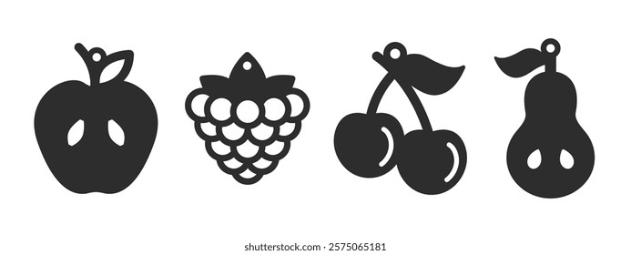 Set of fruits apple, berry, cherry and pear designs. Vector silhouette for cutting earrings, pendant, bracelet or keychain. Laser cut template for leather, wood or metal. Beautiful hanging bijouterie