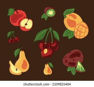 Conjunto de frutas. Apple, cereza, pera, kiwi, mango. Es bueno para carteles, paquetes, camisetas, bolsas de compras, utensilios de cocina. Dibujo a mano vectora ilustración de caricatura. 