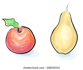 Set of fruits, apple and pear. Eps 10 vector sketch