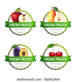 Set of fruits badges. Apple, pear, plum, cherry. Fresh fruits