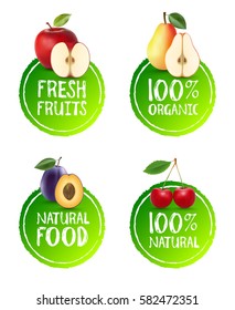 Set of fruits badges. Apple, pear, plum, cherry. Fresh fruits