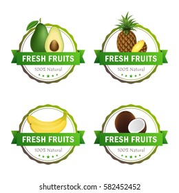 Set of fruits badges. Avocado, pineapple, banana, coconut. Fresh fruits