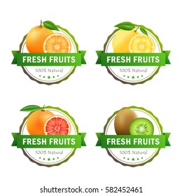 Set of fruits badges. Orange, lemon, grapefruit, kiwi. Fresh fruits