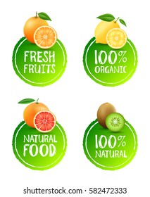 Set of fruits badges. Orange, lemon, grapefruit, kiwi. Fresh fruits