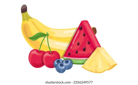Set of fruits. Banana and cherry, berries and watermelon with pineapple slices. Natural and organic products, healthy eating. Cartoon flat vector collection isolated on white background