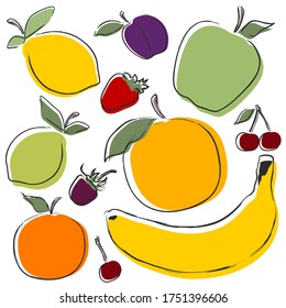 Set fruits - banana, orange, mandarin, plum, strawberry, cherry, lime, red and green apples. Cartoon sketch, juicy citrus. Great for postcards, stickers, fabric and textile. Isolated background.
