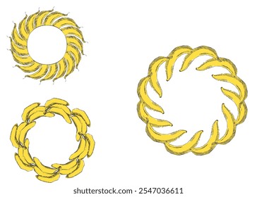 Set fruits bananas round circle frames. Vector graphic cartoon Healthy lifestyle eating. Farmers market. Yellow

