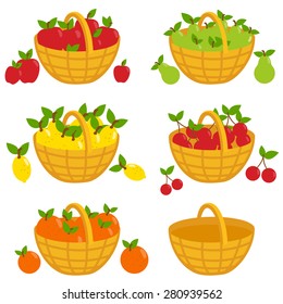 Set of fruits in baskets. Apples, pears, lemons, cherries, and oranges. Vector illustration
