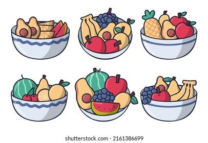 Set of fruits and berries in bowl with banana, grapes, pineapple and and others, drawing flat vector illustration