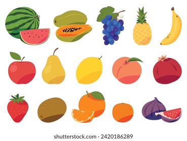 Set of fruits and berries in cartoon style. Edible tasty fruits. Tropical exotic refreshing food. Vector illustration