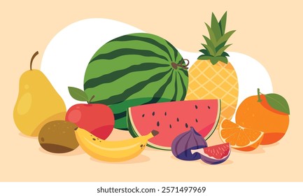 Set of fruits and berries in cartoon style. Edible tasty fruits. Tropical exotic refreshing food. Vector illustration