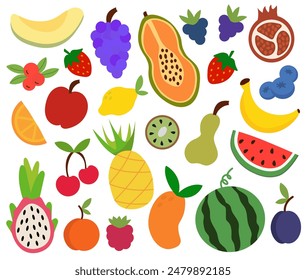 Set of fruits and berries. Concept of healthy food and products. Summer bright element for your design. Apple, pineapple, grape, papaya, dragon fruit, plum, watermelon. Vector cartoon illustration.