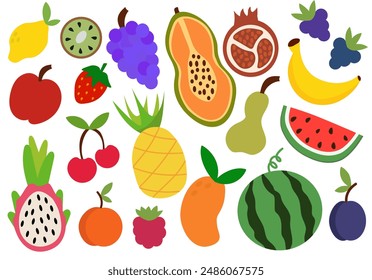 Conjunto de frutas y bayas. Concepto de alimentos y productos saludables. Elemento brillante del verano para su diseño. Manzana, piña, uva, papaya, fruta del dragón, ciruela, sandía. Vector ilustración de dibujos animados.