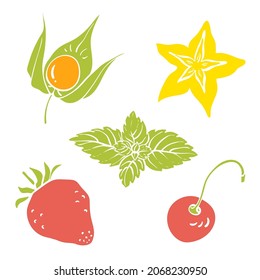 Set of fruits and berries for desert decoration: strawberry, physalis, carambola, mint... Colorful paper cut collection of fruits and berries isolated on white background. Doodle hand drawn fruit