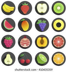 Set of fruits and berries flat with shadow icons. white background. juicy, fresh fruits. natural products. icons. modern flat design objects illustration.
