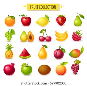 Set of fruits and berries, glossy cartoon vector illustration