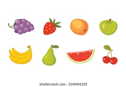 Set von Früchten und Beeren Symbole, gesundes Essen. Früchte, Vektorgrafiken. Essen und Essen, Vektorgrafik isoliert Clipart. Sortiment verschiedener Früchte und Beeren.