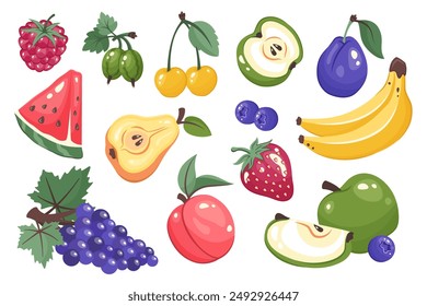 Set of fruits and berries isolated. Fresh juices fruits whole and  slices. Fruits stickers. Apple, cherry, pear, grape, strawberry, watermelon , banana, blueberry. Organic food. Vector illustration