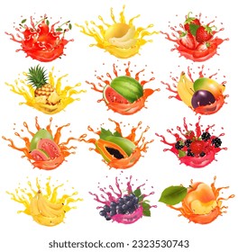 Set of fruits and berries in juice splashes. Watermelon,  pineapple, grape. papaya, banana, mango, passion flower, raspberry, mangosteen, strawberry, plum juice drink splashing. Vector