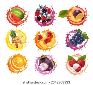 Conjunto de frutas y bayas en jugos. sandía, piña, uva. papaya, plátano, mango, flor de pasión, frambuesa, mangostino, fresa, jugo de ciruela que salta a salpicar. Vector