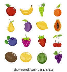 Set with fruits and berries: kiwi, cherry, papaya, banana, watermelon, pear, plum, grapes, apricot, strawberry, raspberry, lemon, apple. Vector Illustration