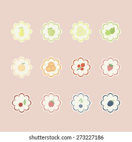 Set of fruits and berries labels or stickers. Vector elements in flat for design