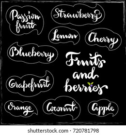 Set of fruits and berries lettering hand draw labels. Passion fruit, strawberry, lemon, cherry, blueberry, grapefruit, orange, coconut, apple hand drawing words on black background.