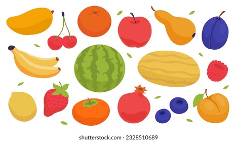 Set of fruits and berries. Mango, cherry, orange, lemon, watermelon, melon, blueberry, bananas, raspberry, strawberry, pomegranate, plum, persimmon, apricot, peach, pear, apple. Healthy nutrition